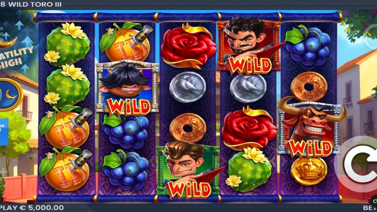 Tela de jogo do slot Wild Toro 3 com touro e elementos espanhóis