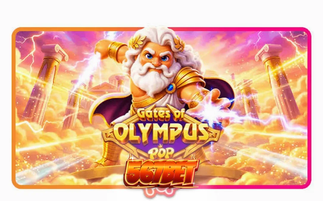 Interface do jogo Gates of Olympus POP com Zeus e símbolos dourados